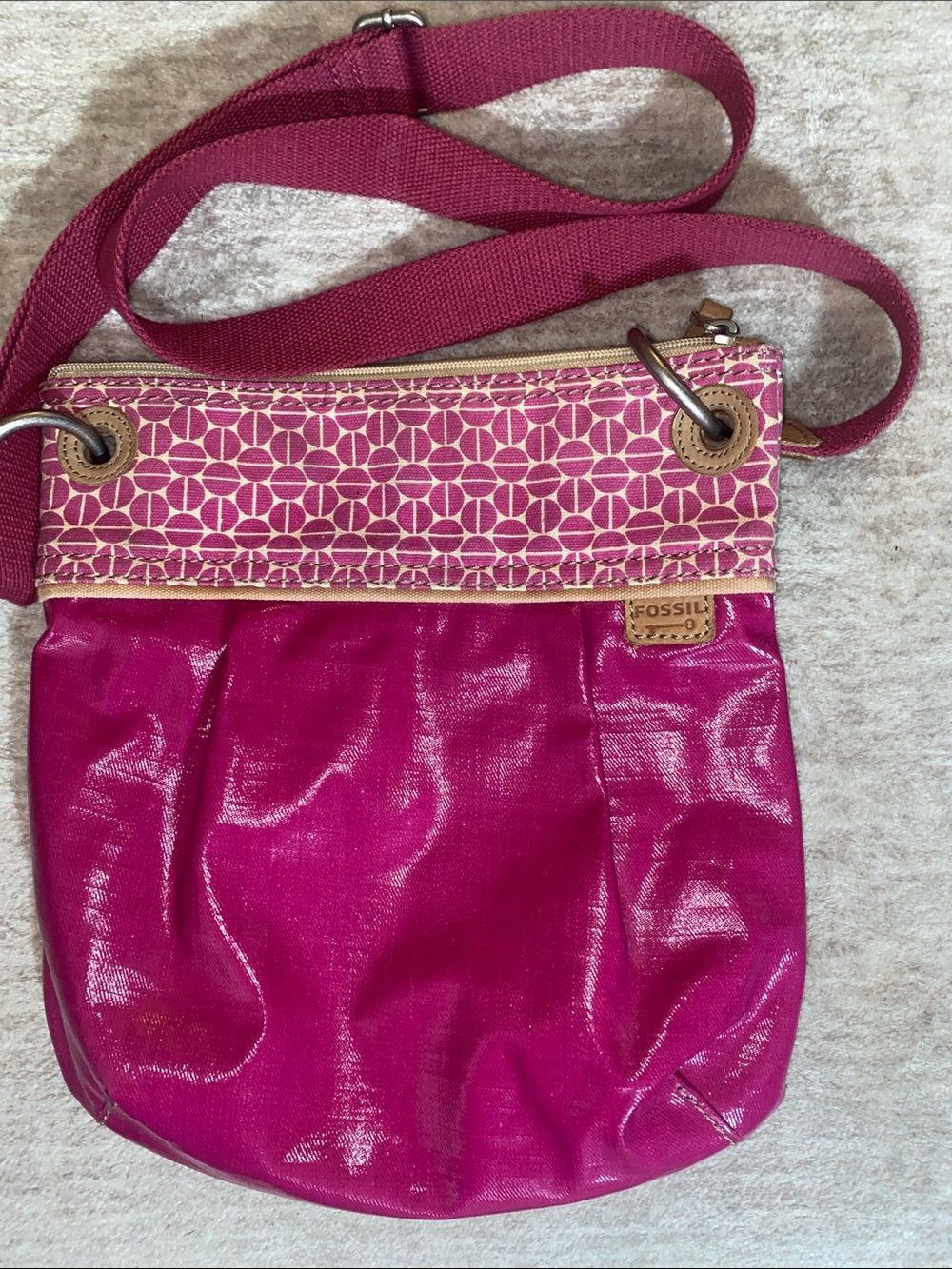 Fossil Key-Per Pink Magenta Patterned-Trim Crossbody Bag Coated Canvas